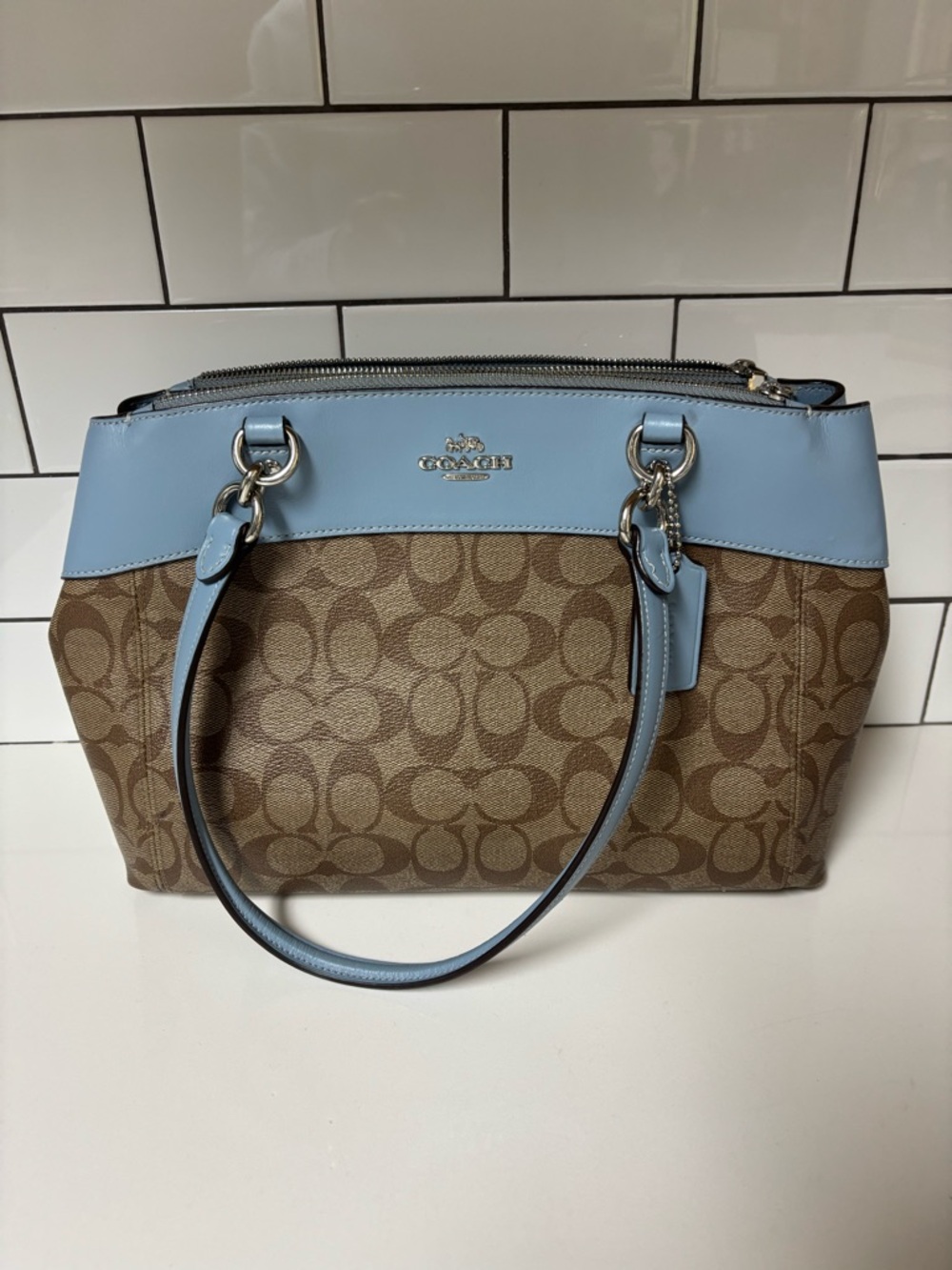 Coach Brooke Carryall Satchel  F25396 Signature bag Light Blue